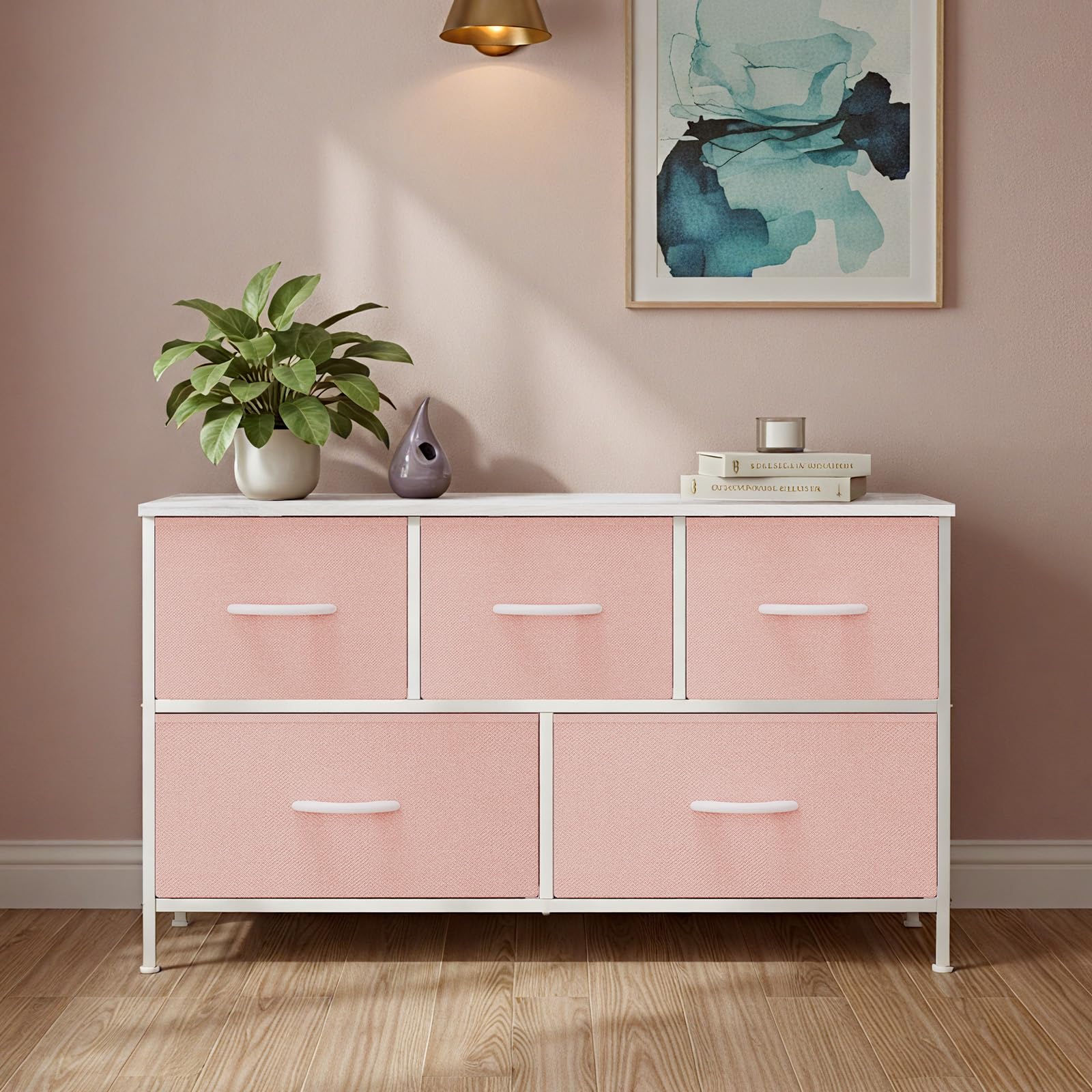 OLIXIS pink dresser drawer detail highlighting fabric texture