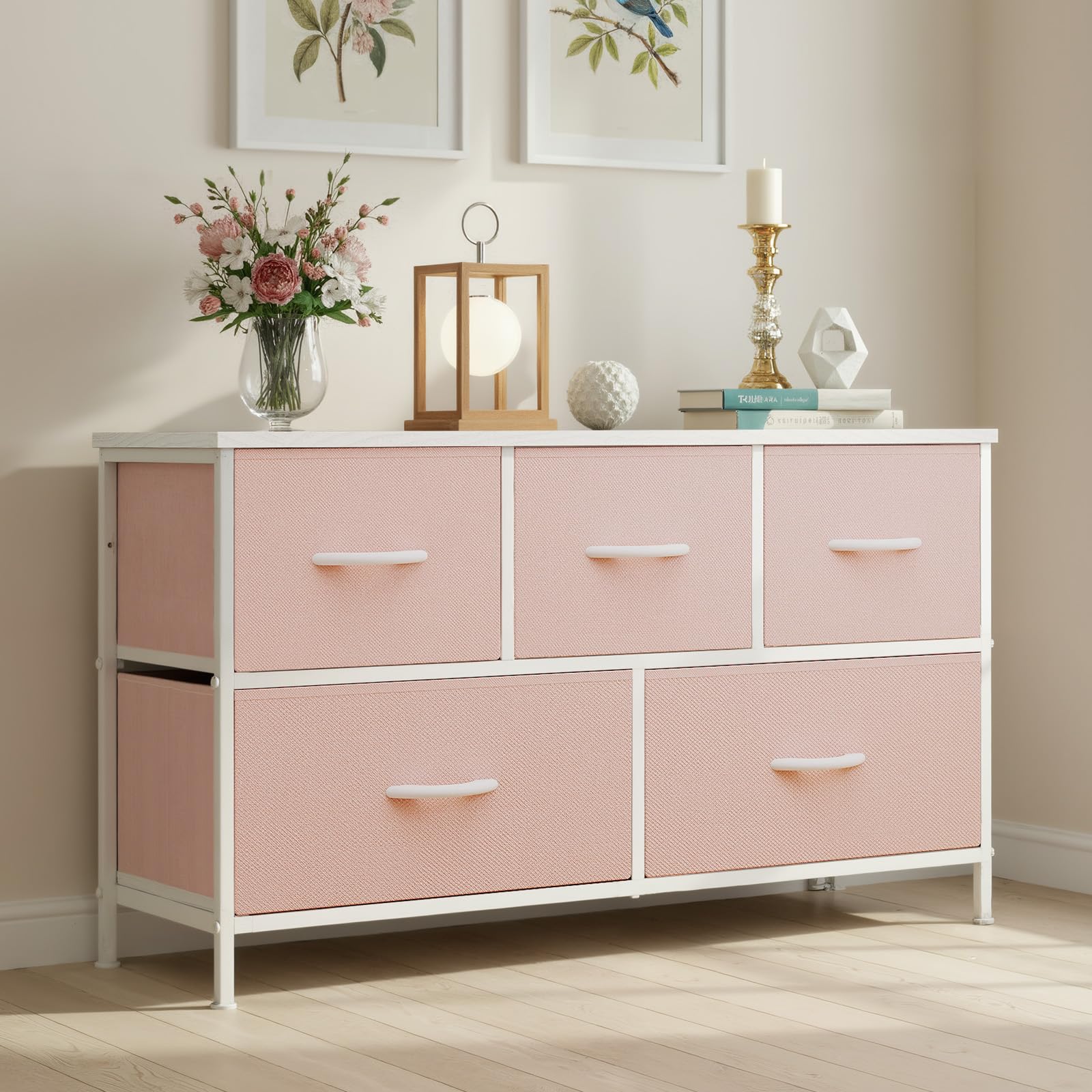OLIXIS pink dresser in entryway as a storage organizer