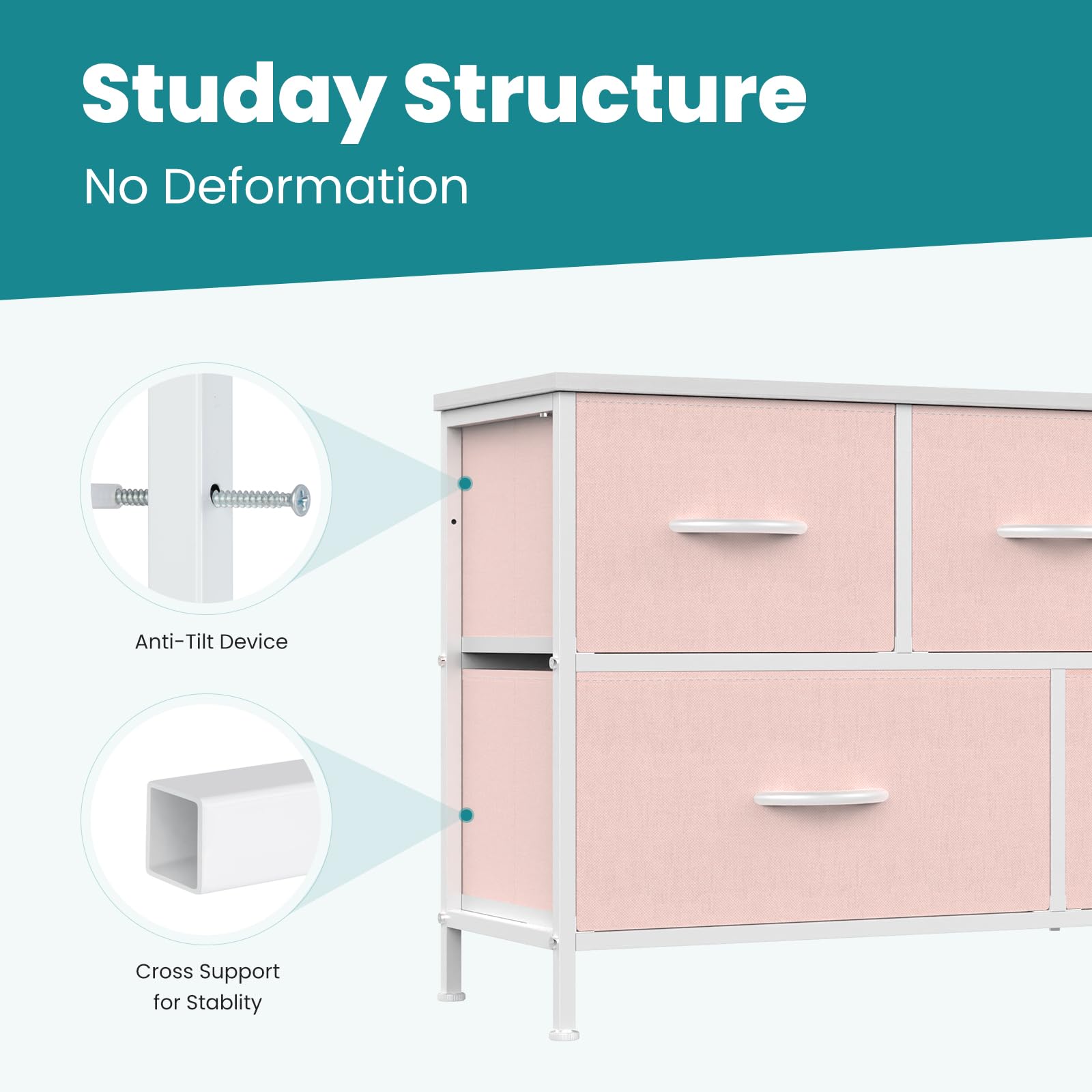 OLIXIS pink dresser organized with fabric bins for closet storage
