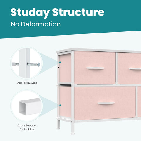 OLIXIS pink dresser organized with fabric bins for closet storage