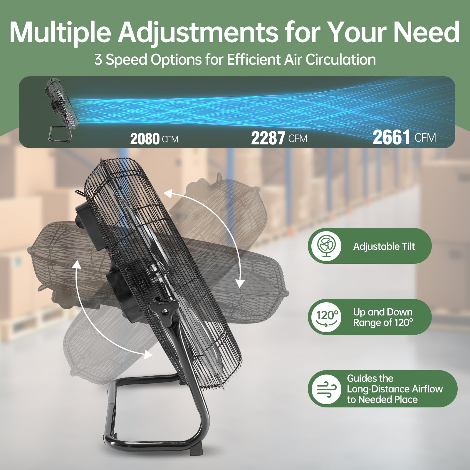 OLIXIS floor fan tilts 120 degrees for targeted airflow