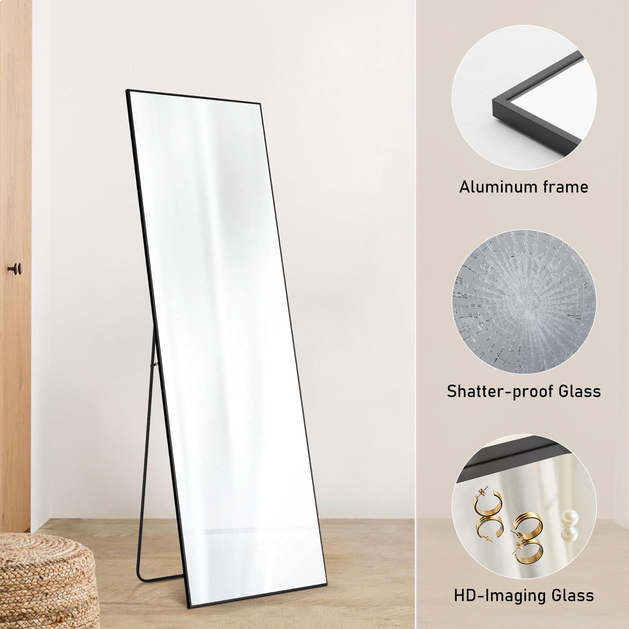 OLIXIS floor-standing full-length mirror with aluminum frame for a sleek, modern look.