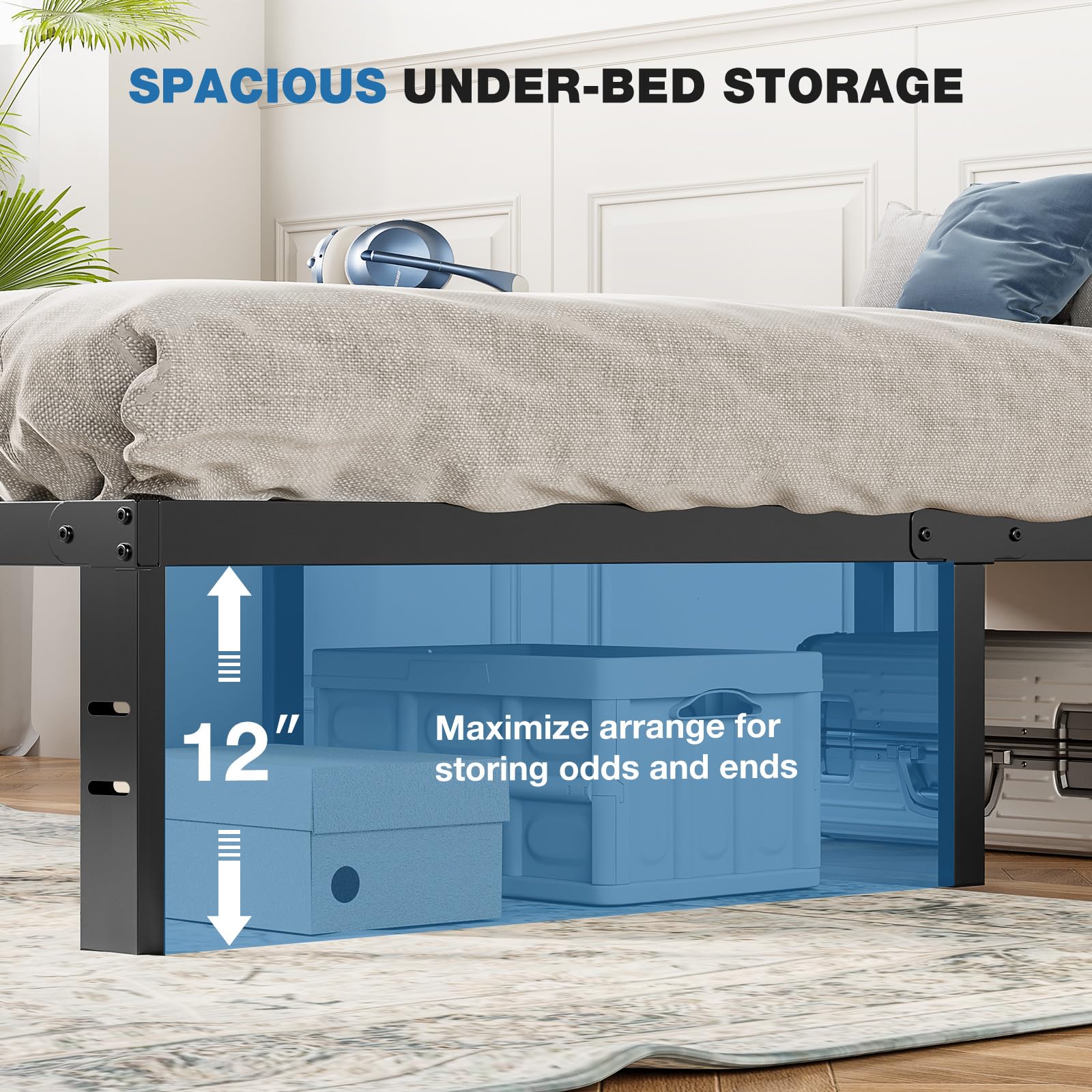 OLIXIS metal twin bed frame under‑bed storage keeps clutter organized