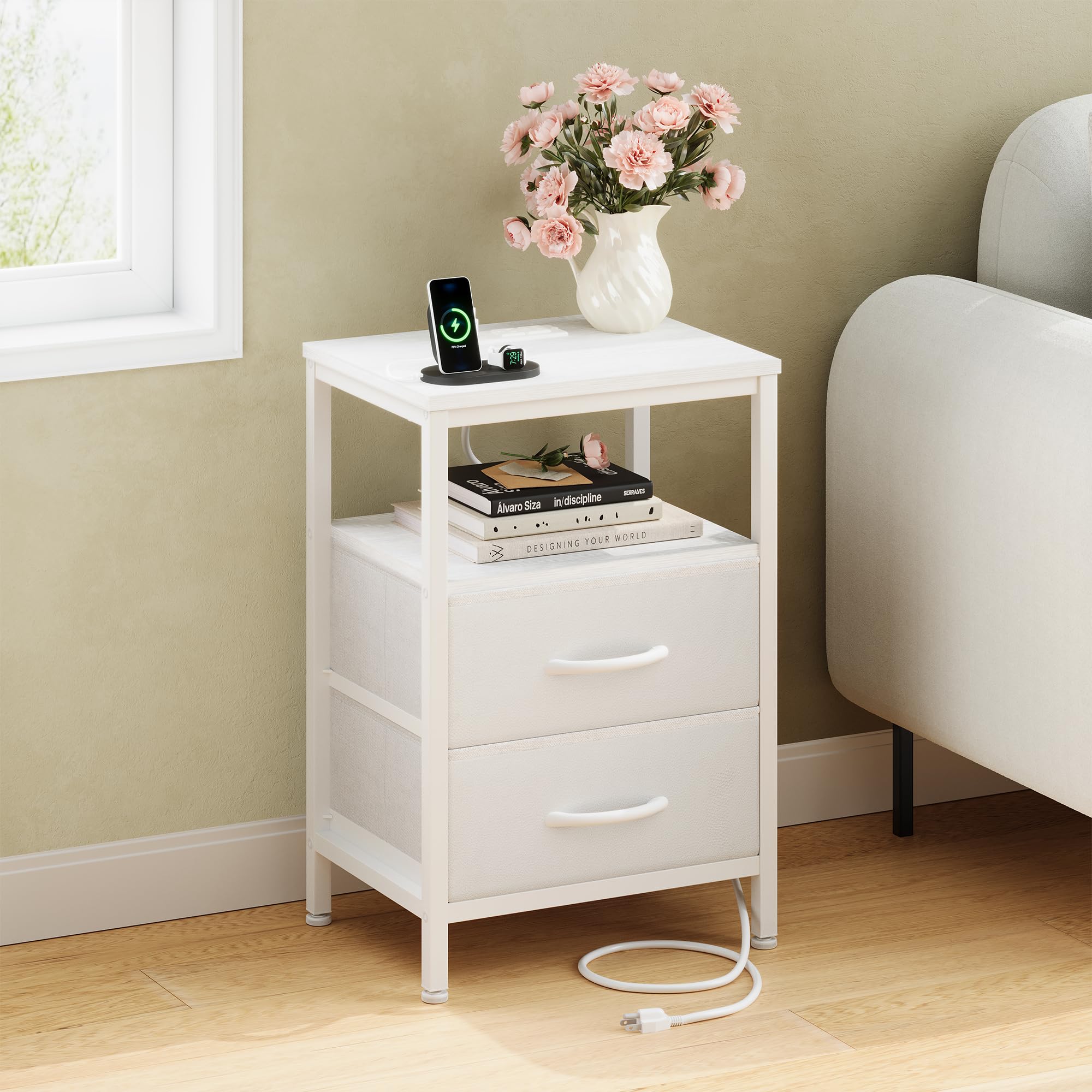 OLIXIS nightstand bedside with cable management and charging.