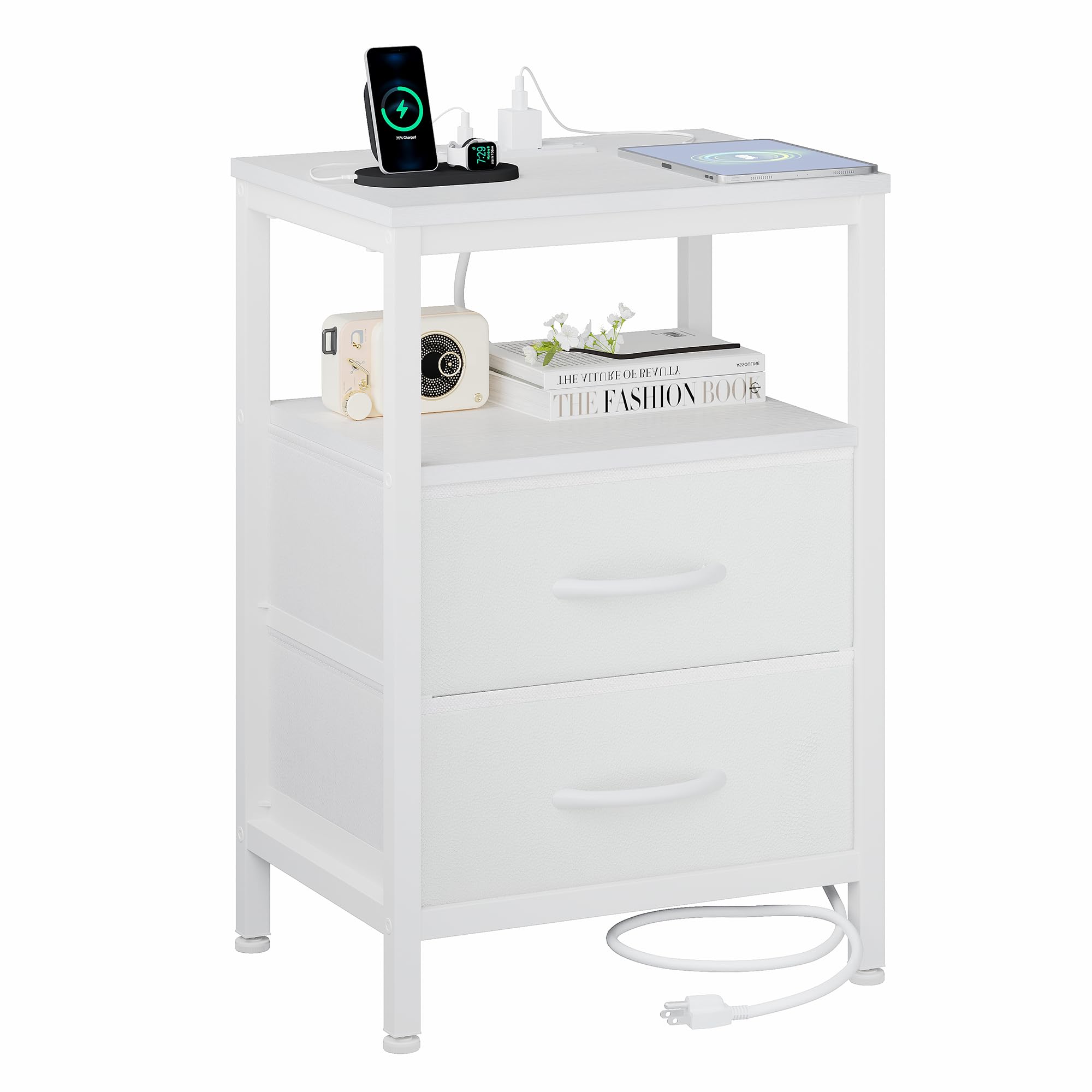 OLIXIS nightstand with charging station front view shows USB-A, USB-C, and outlets.