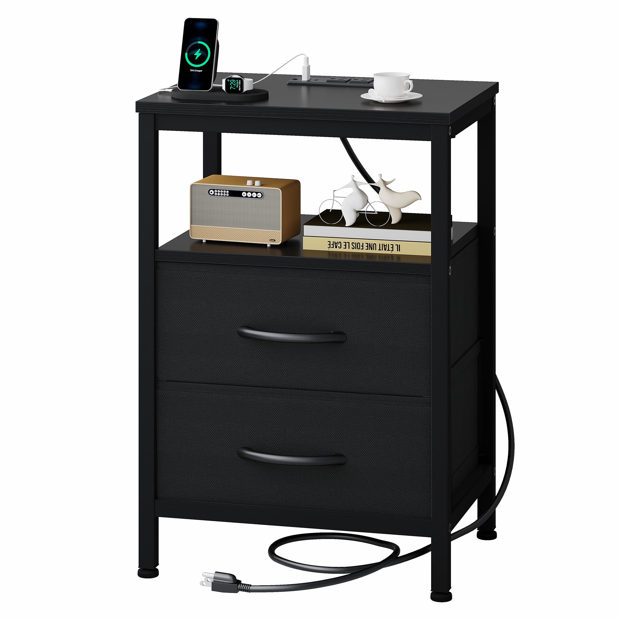OLIXIS nightstand with charging station showing USB-A and USB-C ports for bedside charging