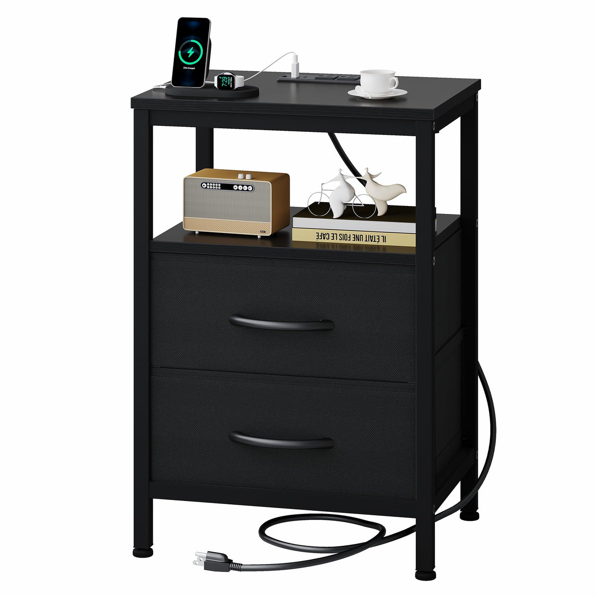 OLIXIS nightstand with charging station showing USB-A and USB-C ports for bedside charging