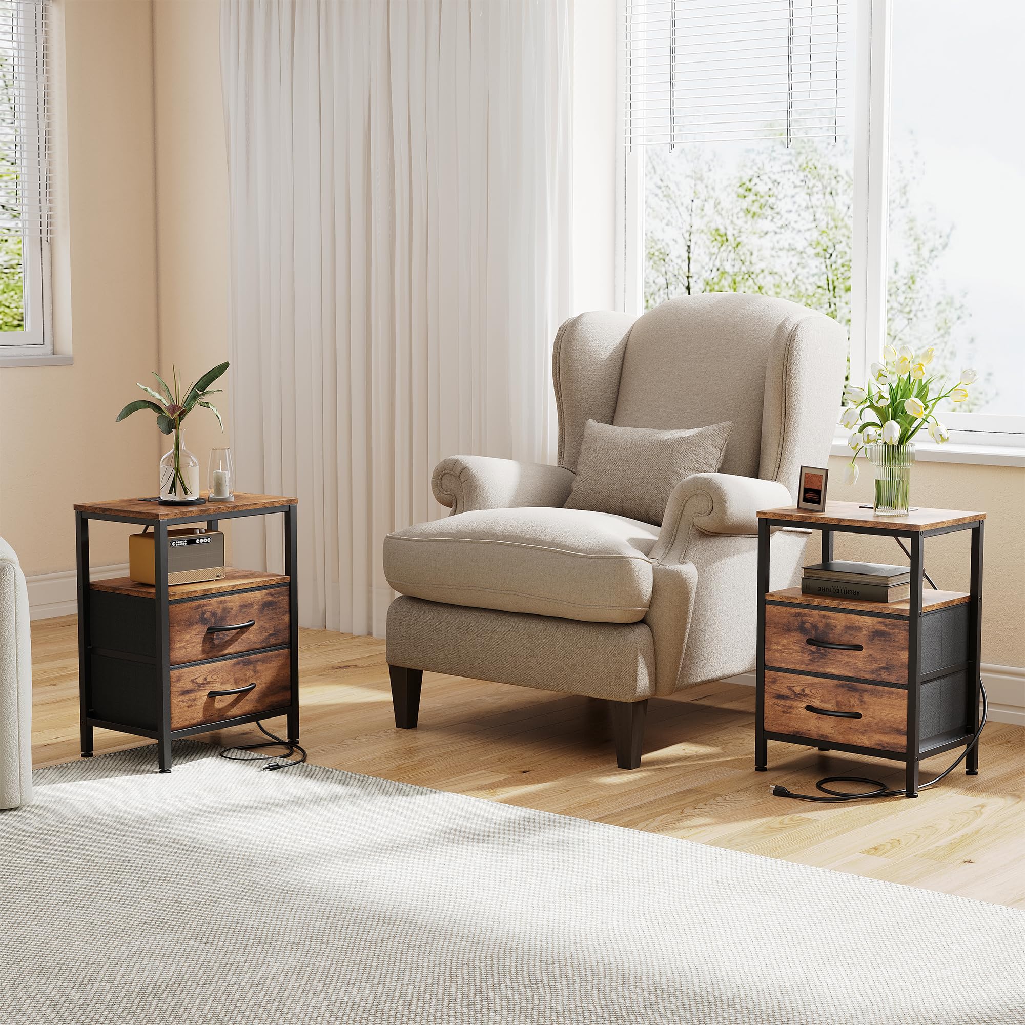 OLIXIS nightstand drawer storage with fabric drawers for tidy organization.