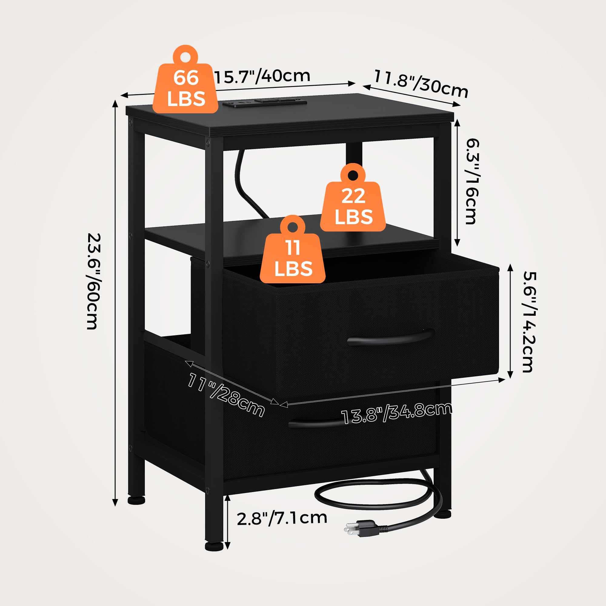 OLIXIS nightstand fabric drawers storing remotes and books while staying dust-free