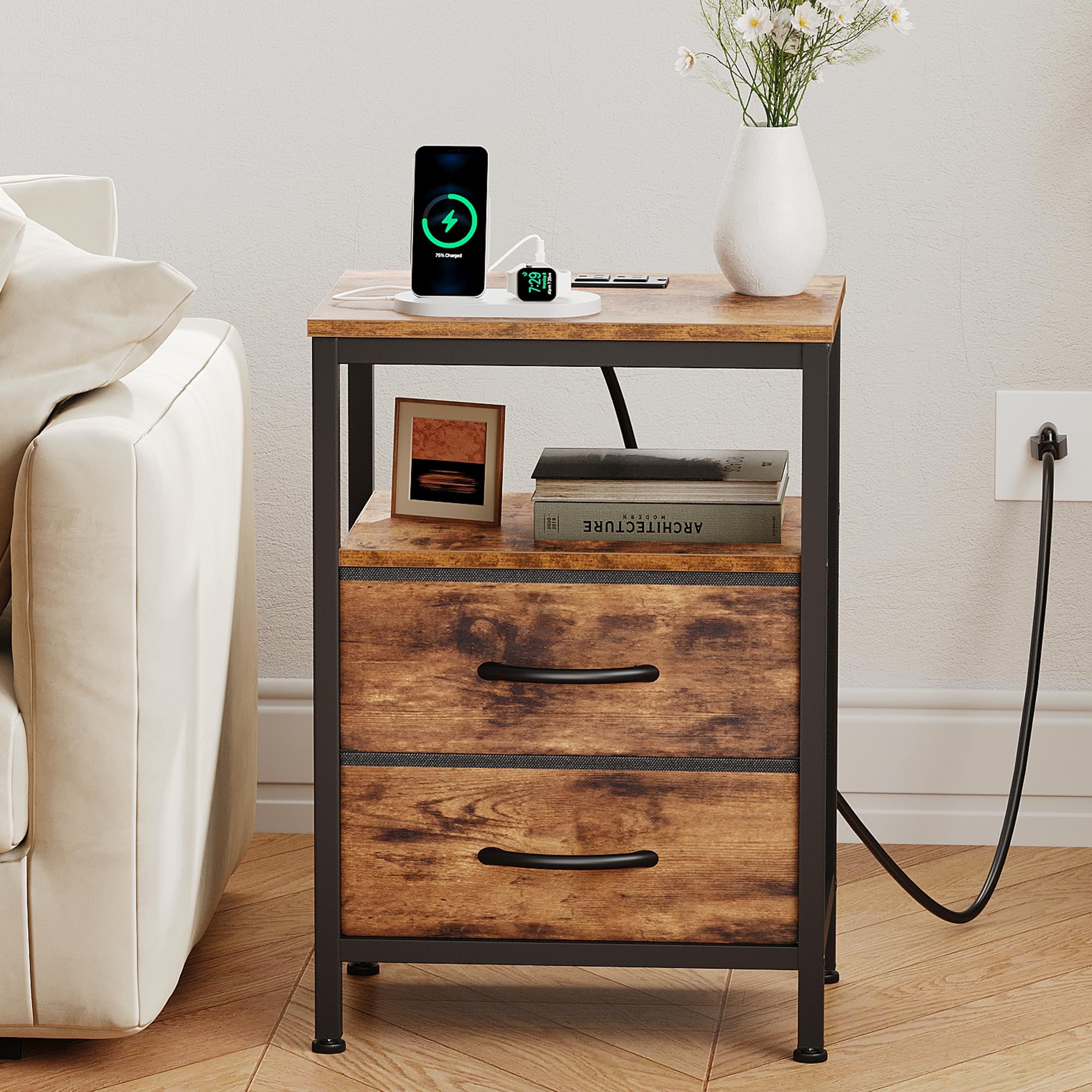 OLIXIS nightstand front drawer detail focuses on fabric drawer space.