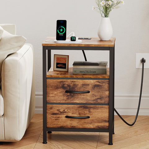 OLIXIS nightstand front drawer detail focuses on fabric drawer space.