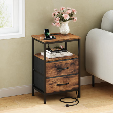 OLIXIS nightstand side view captures slim profile beside bed.