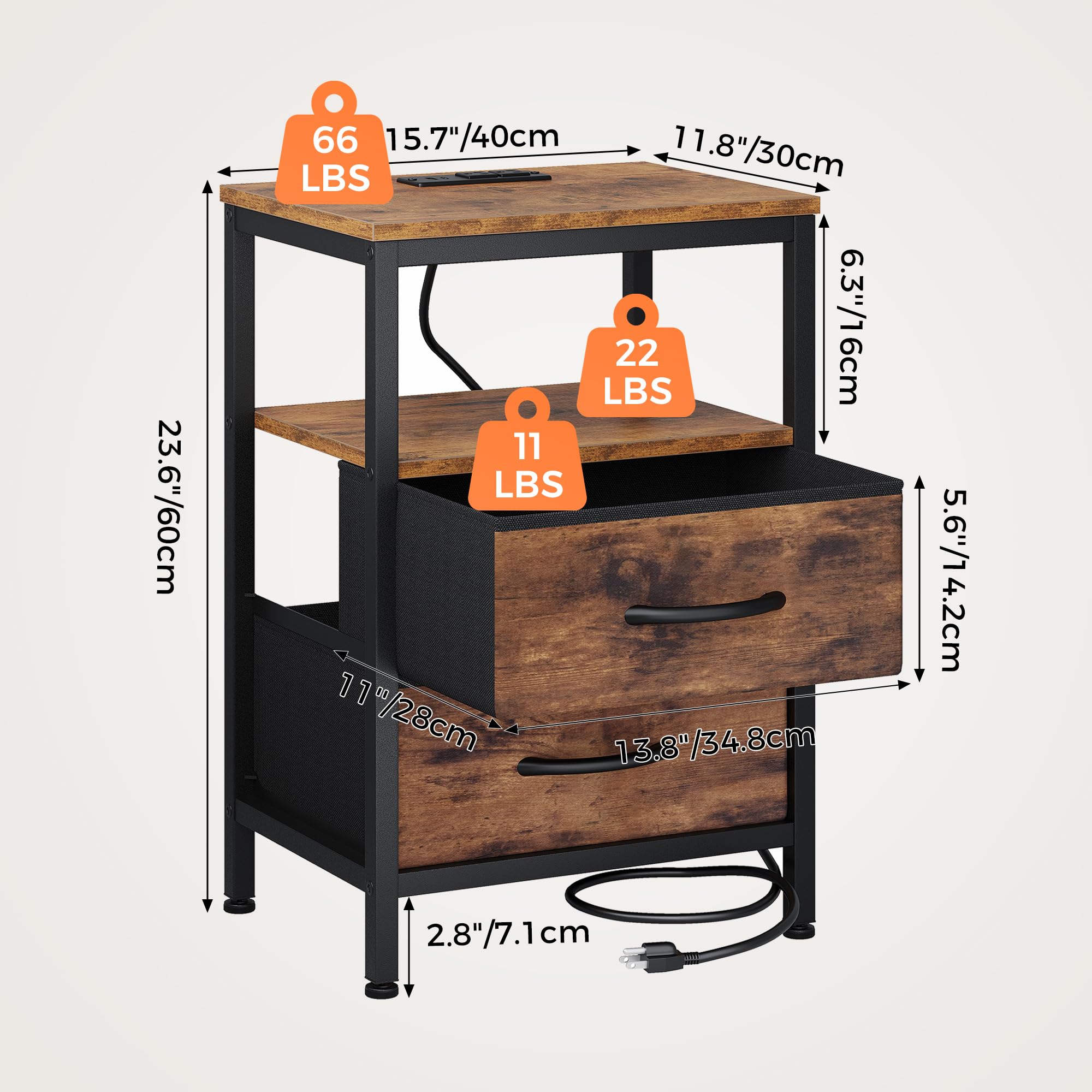 OLIXIS nightstand steel frame and scratch-resistant top highlight durable construction.