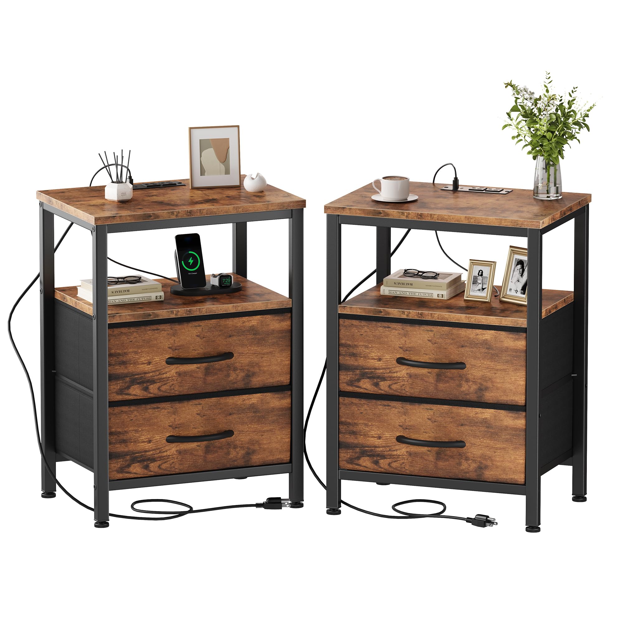 OLIXIS nightstands set-2 with charging station showing built-in outlets for bedside charging.