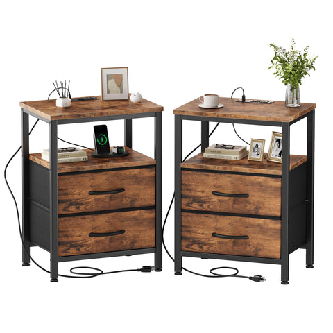 OLIXIS nightstands set-2 with charging station showing built-in outlets for bedside charging.
