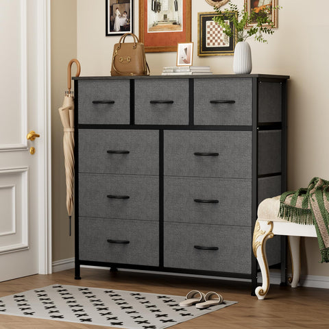 OLIXIS 9-drawer dresser side view showcases a durable steel frame for long-lasting use.