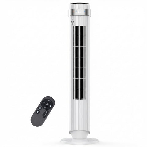 OLIXIS tower fan in a bedroom provides a quiet, cooling breeze at night