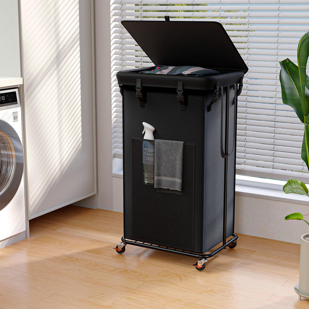 Olldide 100L laundry hamper with lid and wheels for easy transport and discreet storage