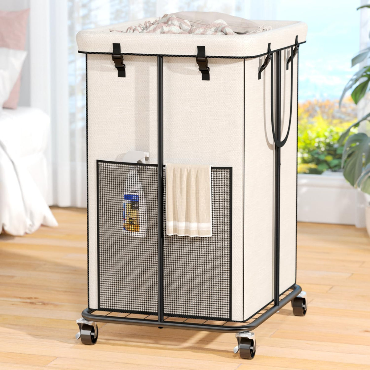 Olldide 150L laundry hamper with wheels for easy mobility across floors.