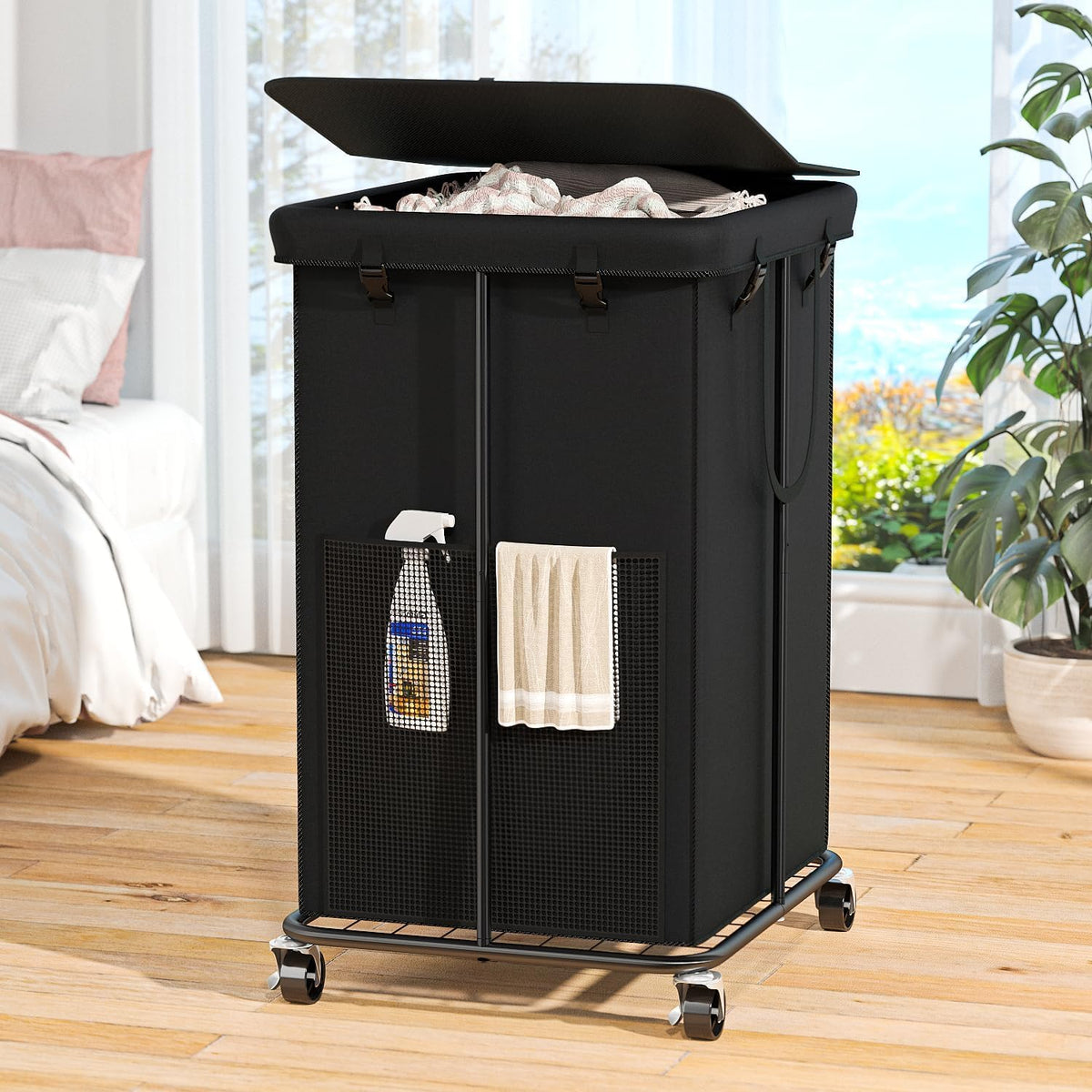 Olldide 160L laundry hamper with wheels for easy transport to the laundry room.