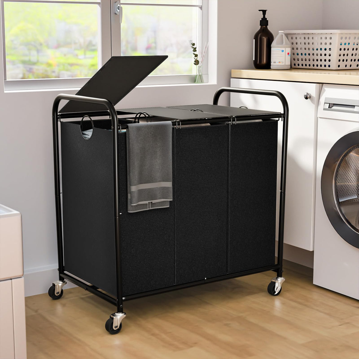 Olldide 180L sorter front view shows three-compartment design for organized laundry