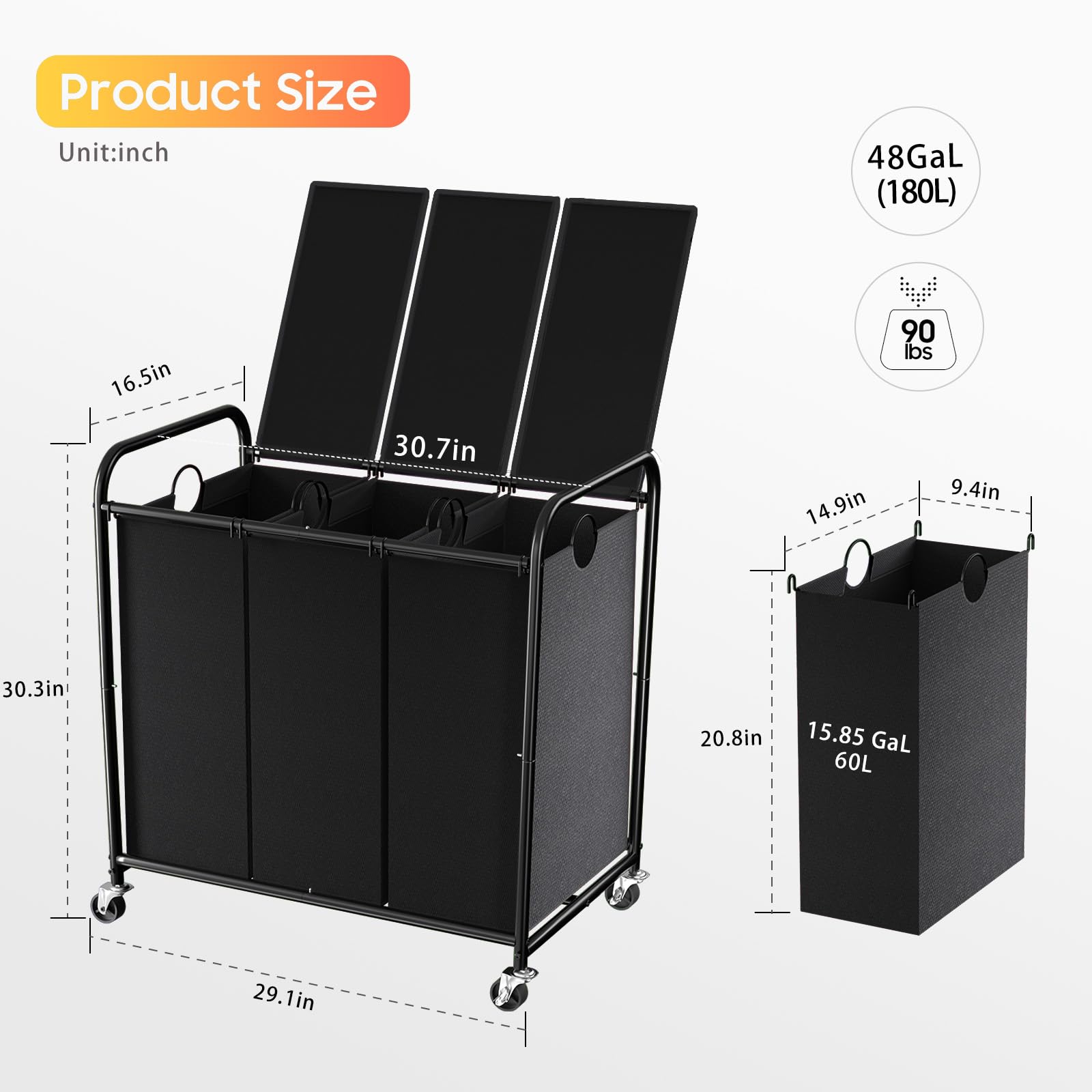 Olldide 180L sorter side view highlights mobility with lockable wheels