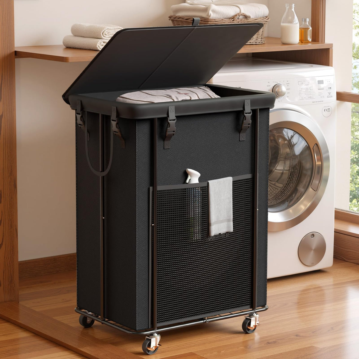 Olldide 220L laundry hamper with wheels and lid for easy mobility.