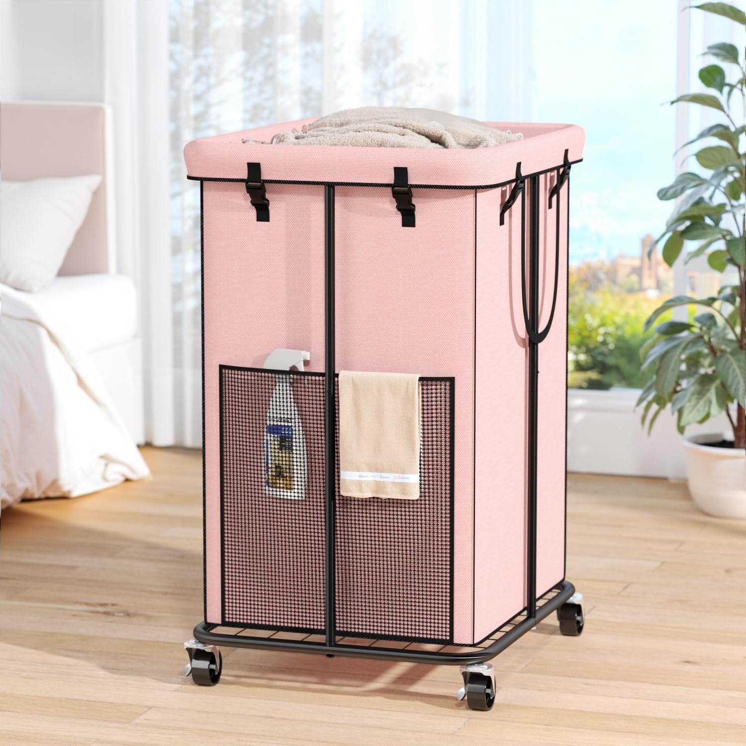 Olldide laundry hamper with wheels rolling smoothly on hardwood floor