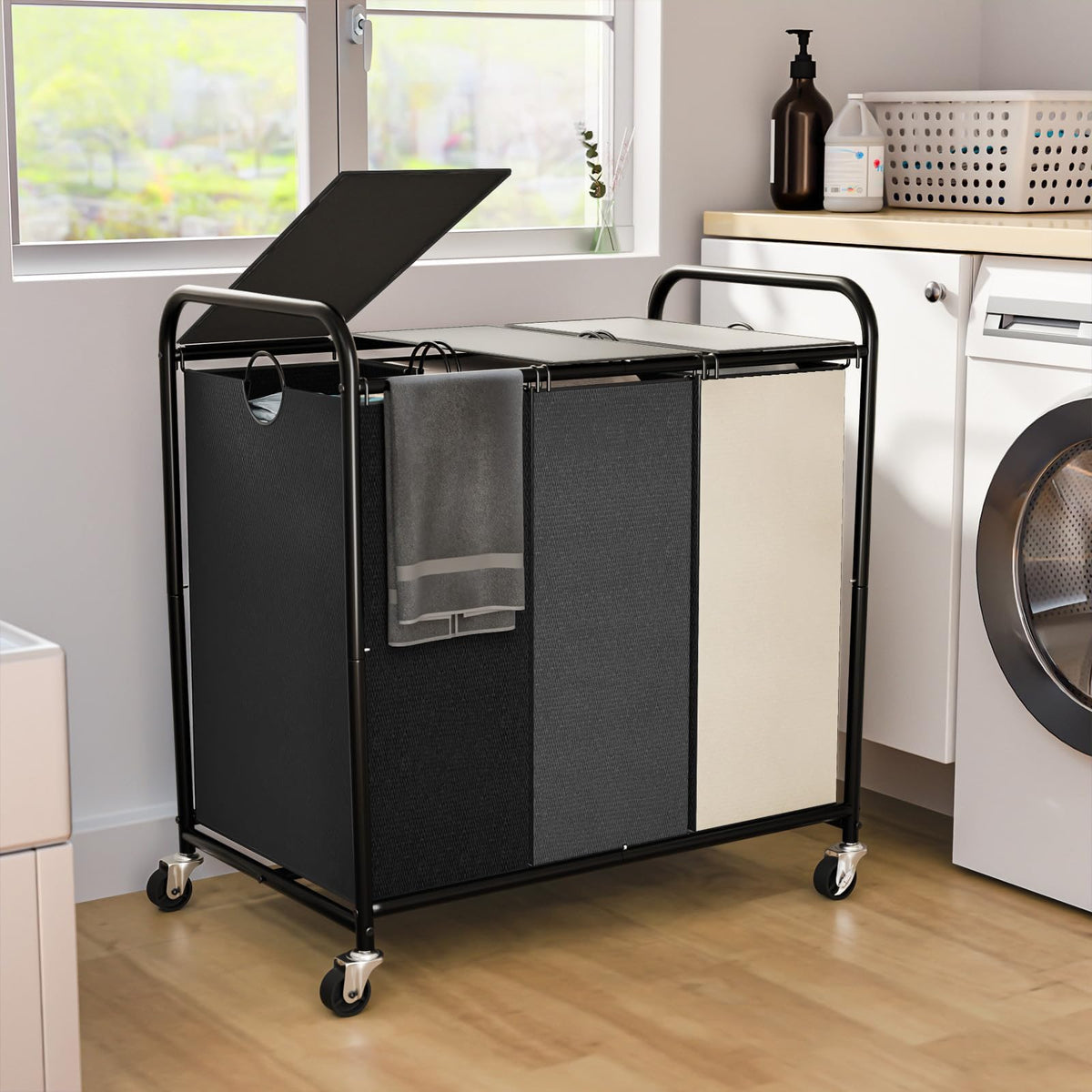 Olldide 3-section laundry sorter with lid for organized laundry at home
