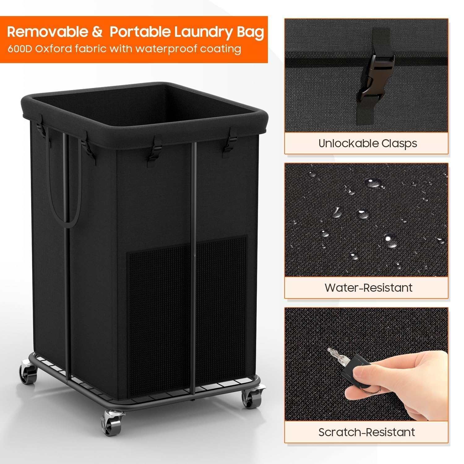 Olldide rust-resistant finish keeps the look of the hamper pristine.