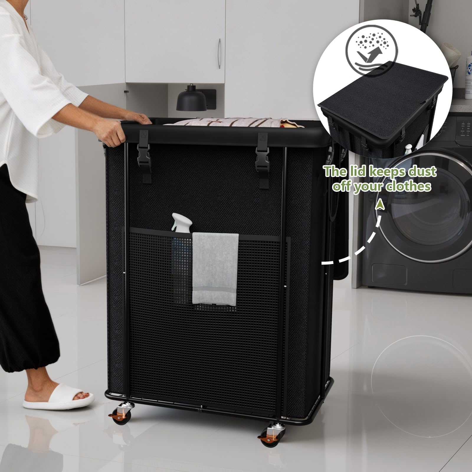 Olldide rolling wheels with brakes stabilize the hamper on any floor.