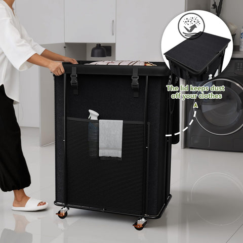 Olldide rolling wheels with brakes stabilize the hamper on any floor.