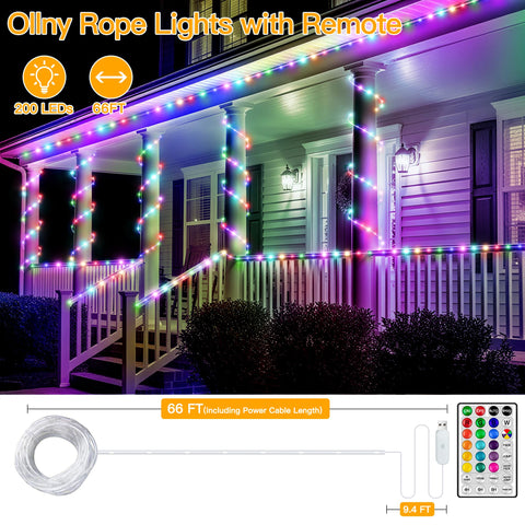 Ollny outdoor rope lights with remote control for easy color shifts from afar.