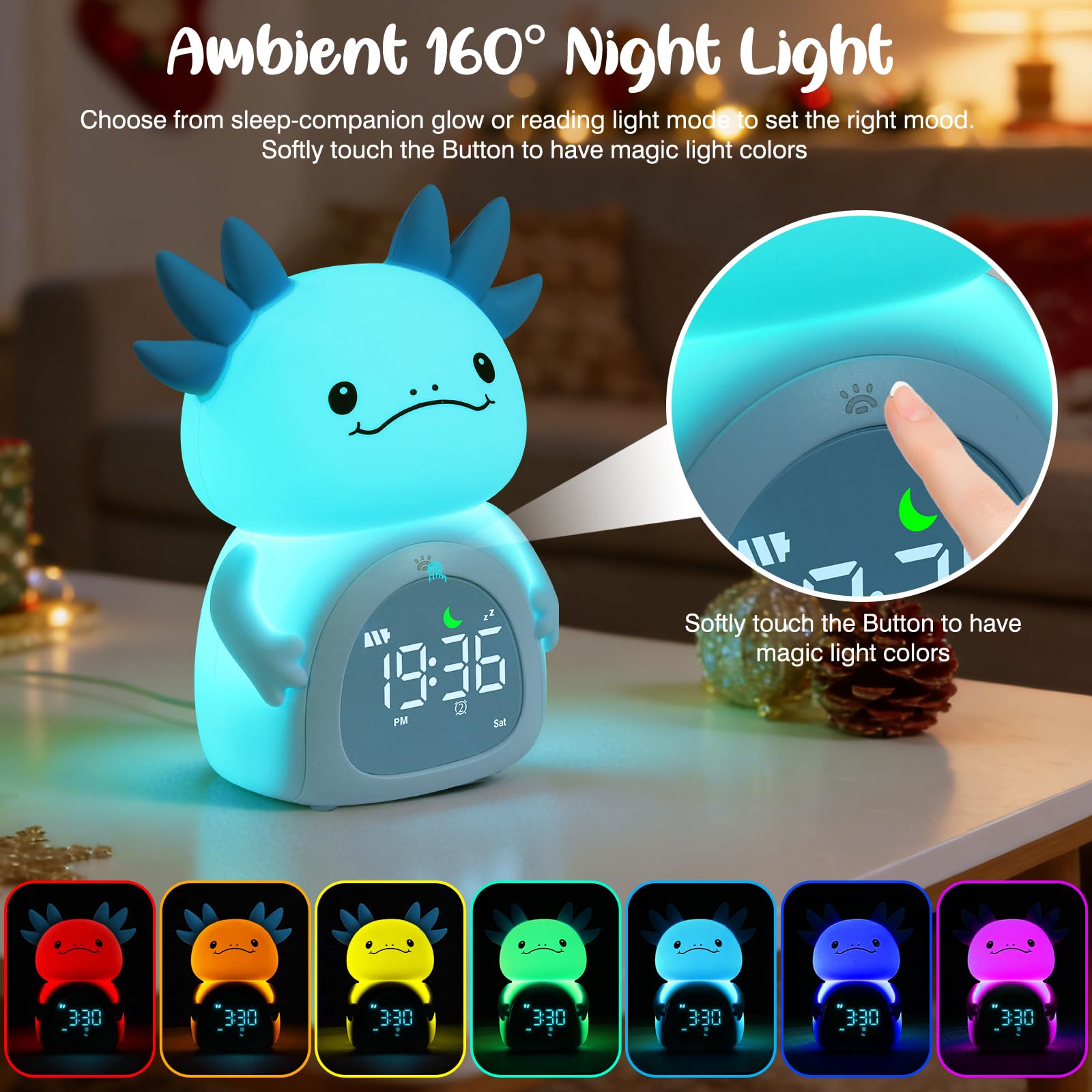 ollycasa Axolotl alarm clock BPA-free silicone stresses safe, durable materials.