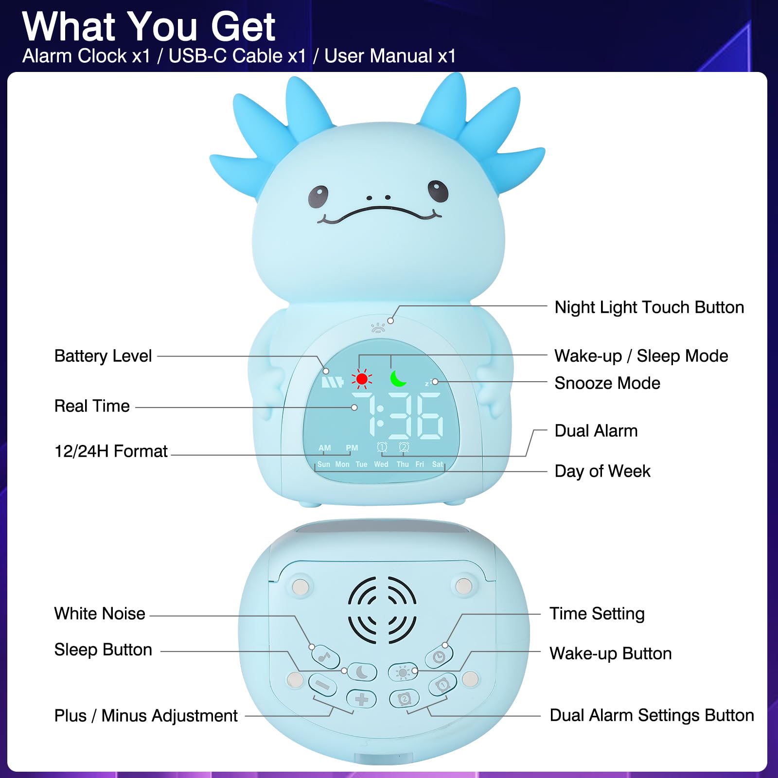 ollycasa Axolotl alarm clock in a child room scene as a decorative sleep tool.