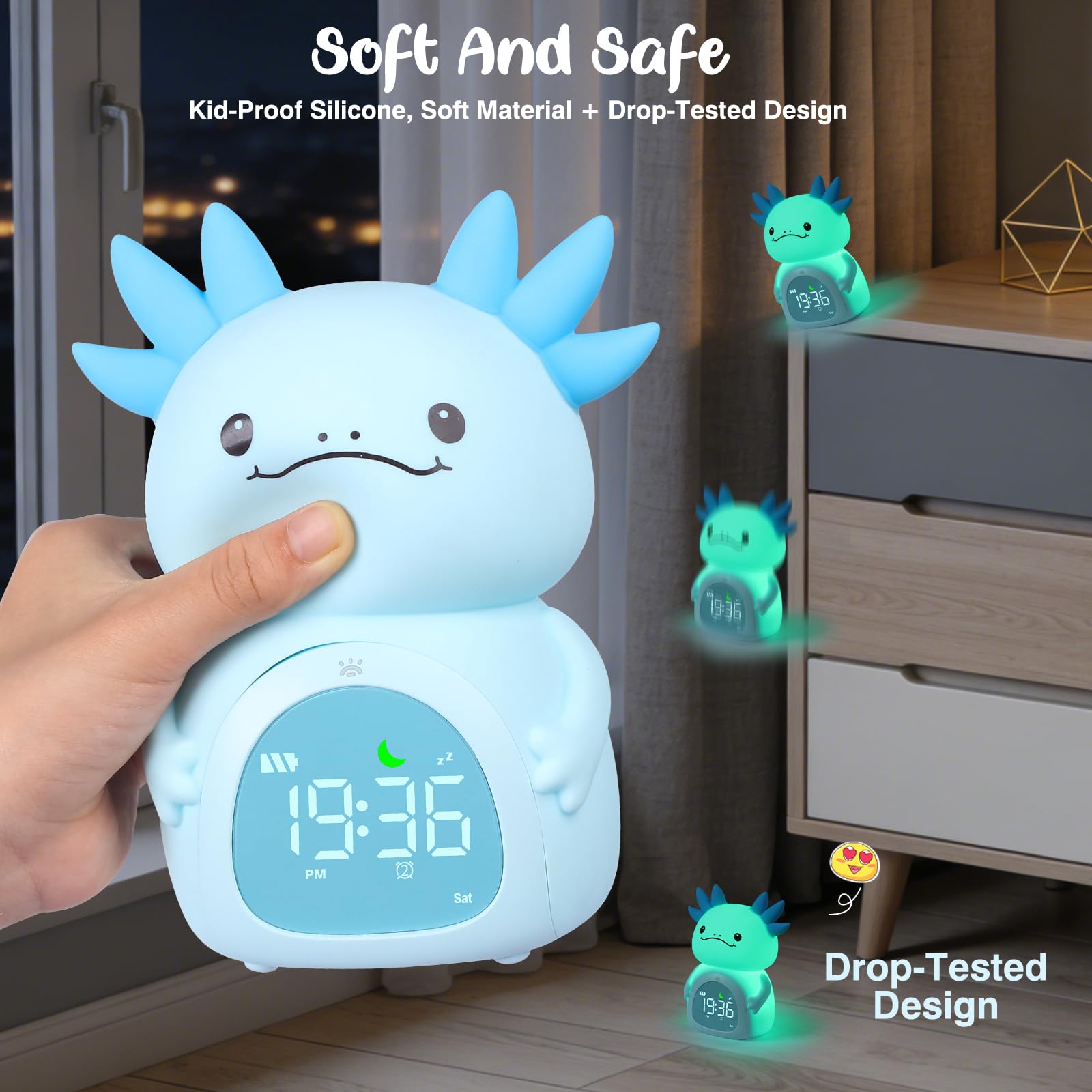 ollycasa Axolotl alarm clock control buttons illustrate easy setup for busy parents.