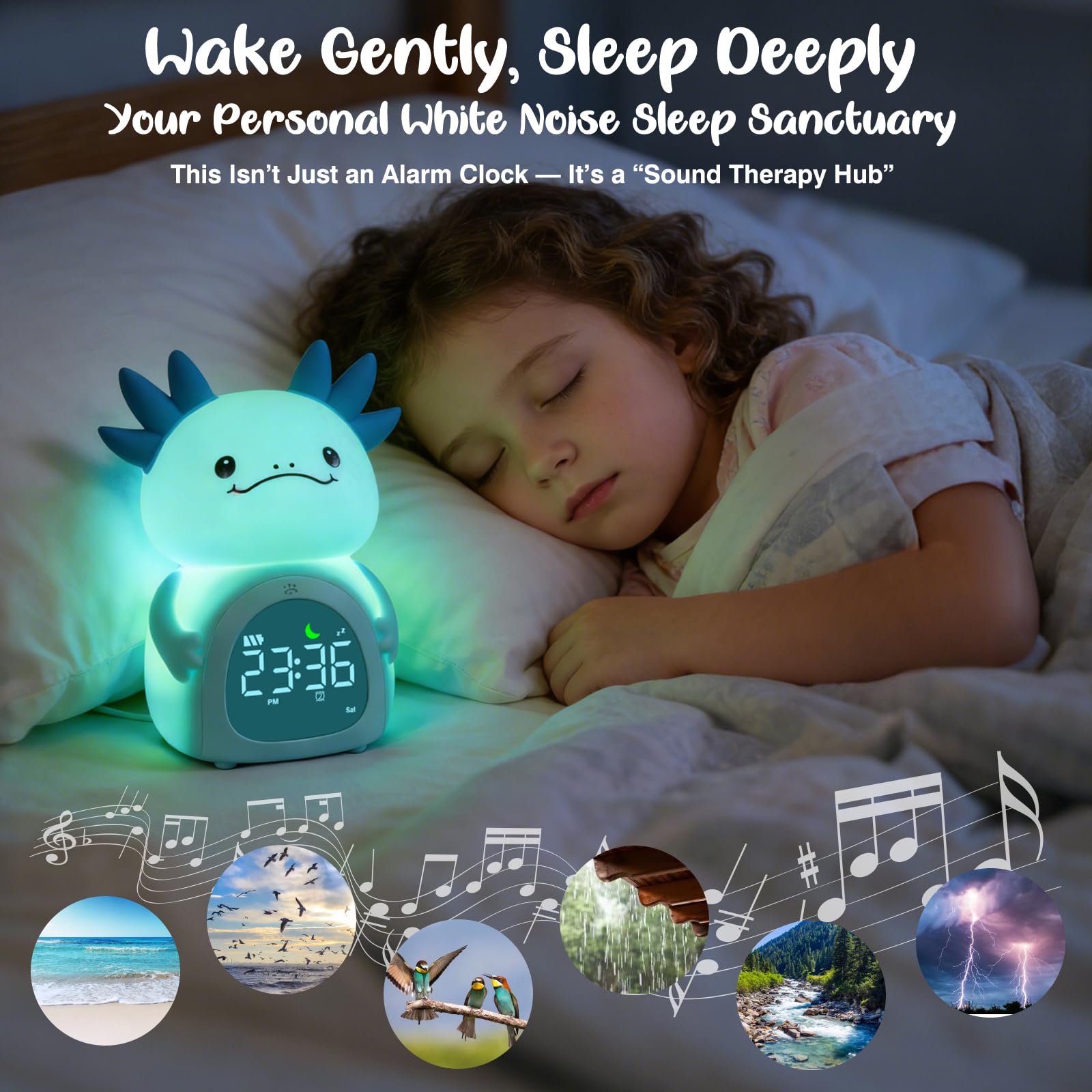ollycasa Axolotl alarm clock night light offers gentle illumination for bedtime.