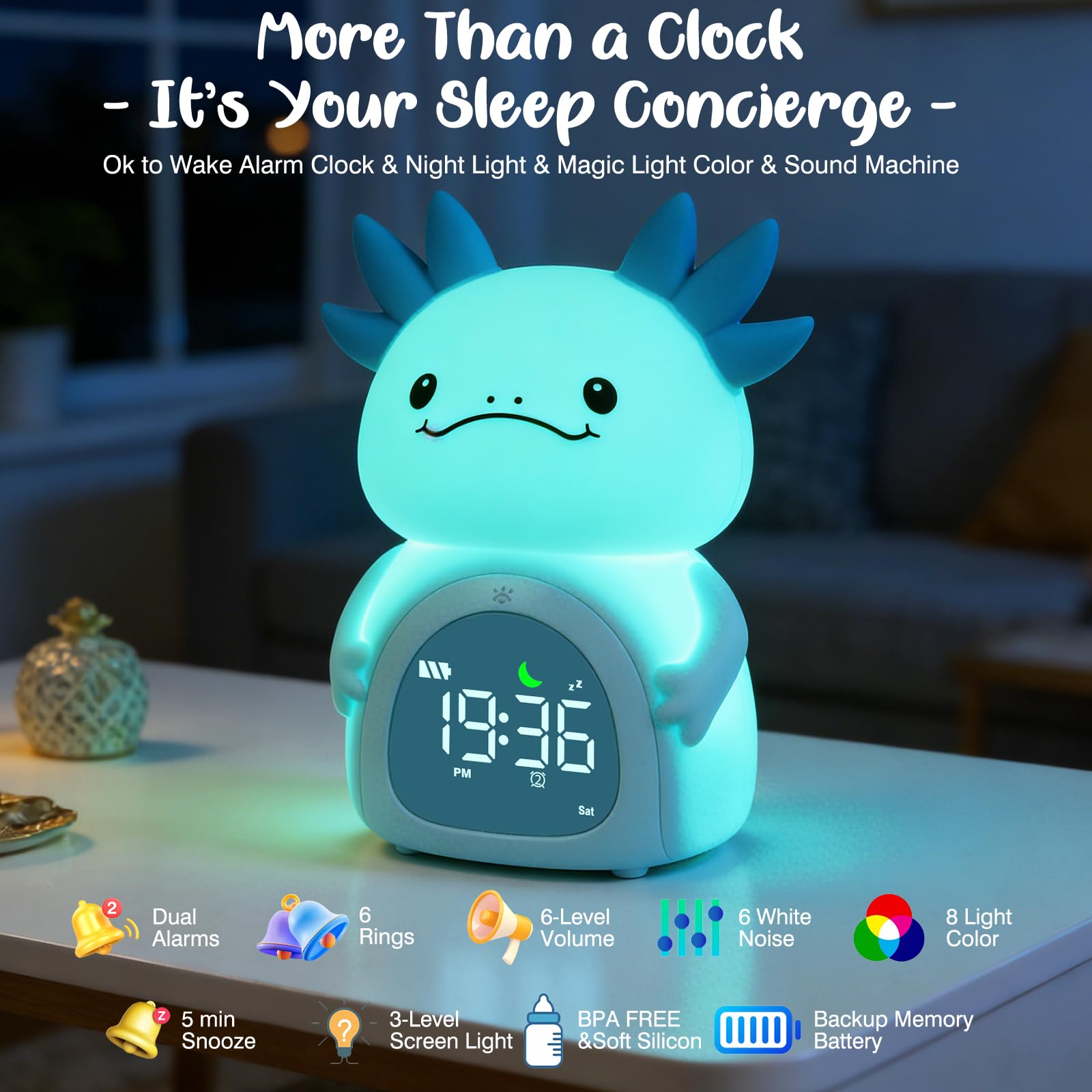 ollycasa Axolotl alarm clock recharge port emphasizes cordless use and charging convenience.