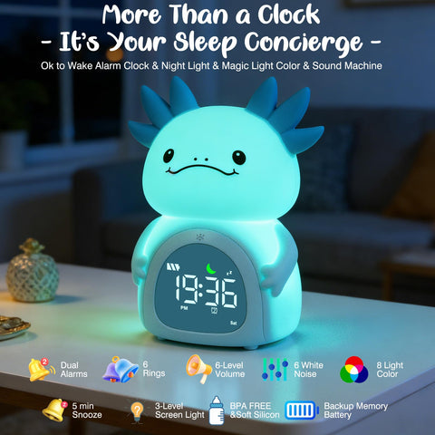 ollycasa Axolotl alarm clock recharge port emphasizes cordless use and charging convenience.