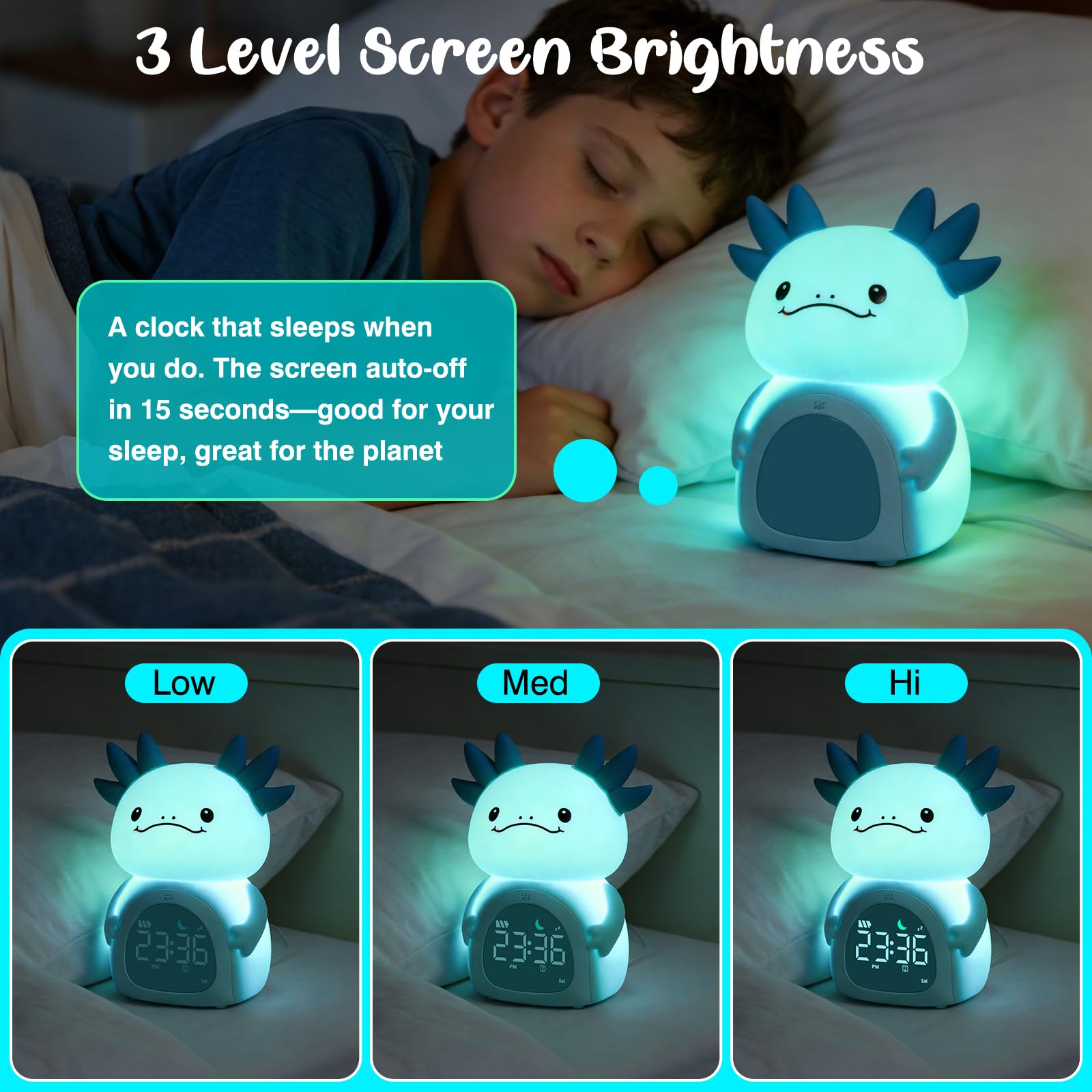 ollycasa Axolotl alarm clock rgb light demonstrates color options for play or mood.