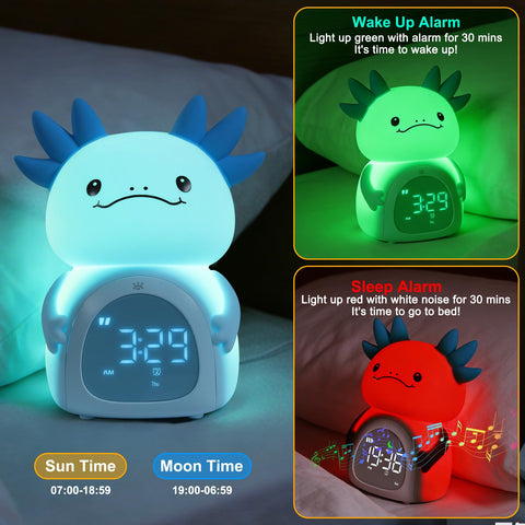 ollycasa Axolotl alarm clock side view highlights compact bedside footprint.