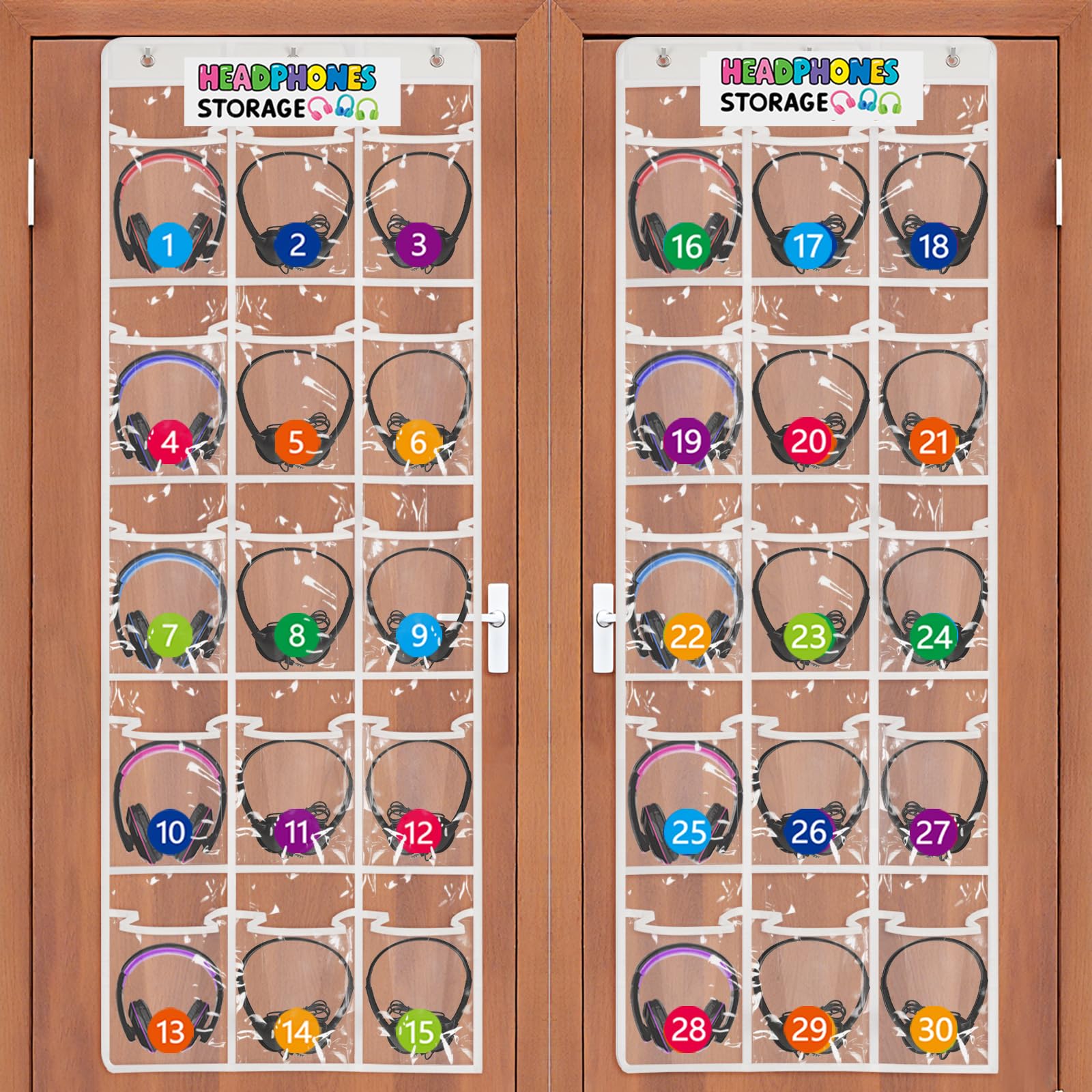 Olpchee headphone storage with 30 pockets keeps classroom headphones tidy and accessible.