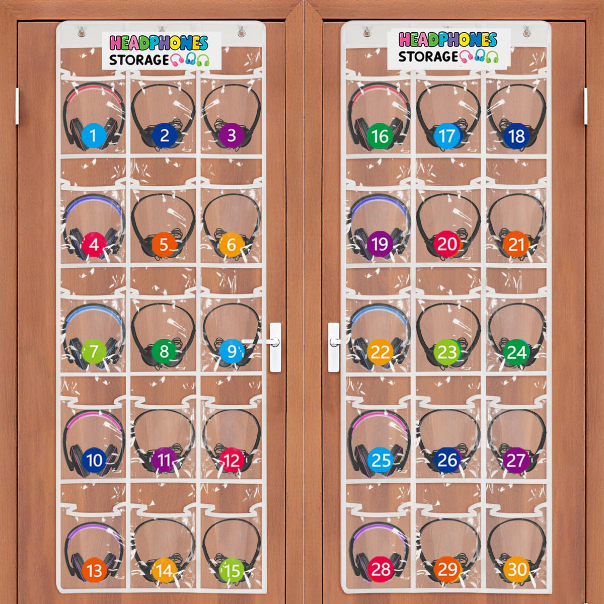 Olpchee headphone storage with 30 pockets keeps classroom headphones tidy and accessible.