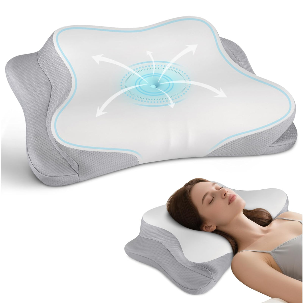 Olumoon cervical neck pillow front view showing ergonomic support for alignment