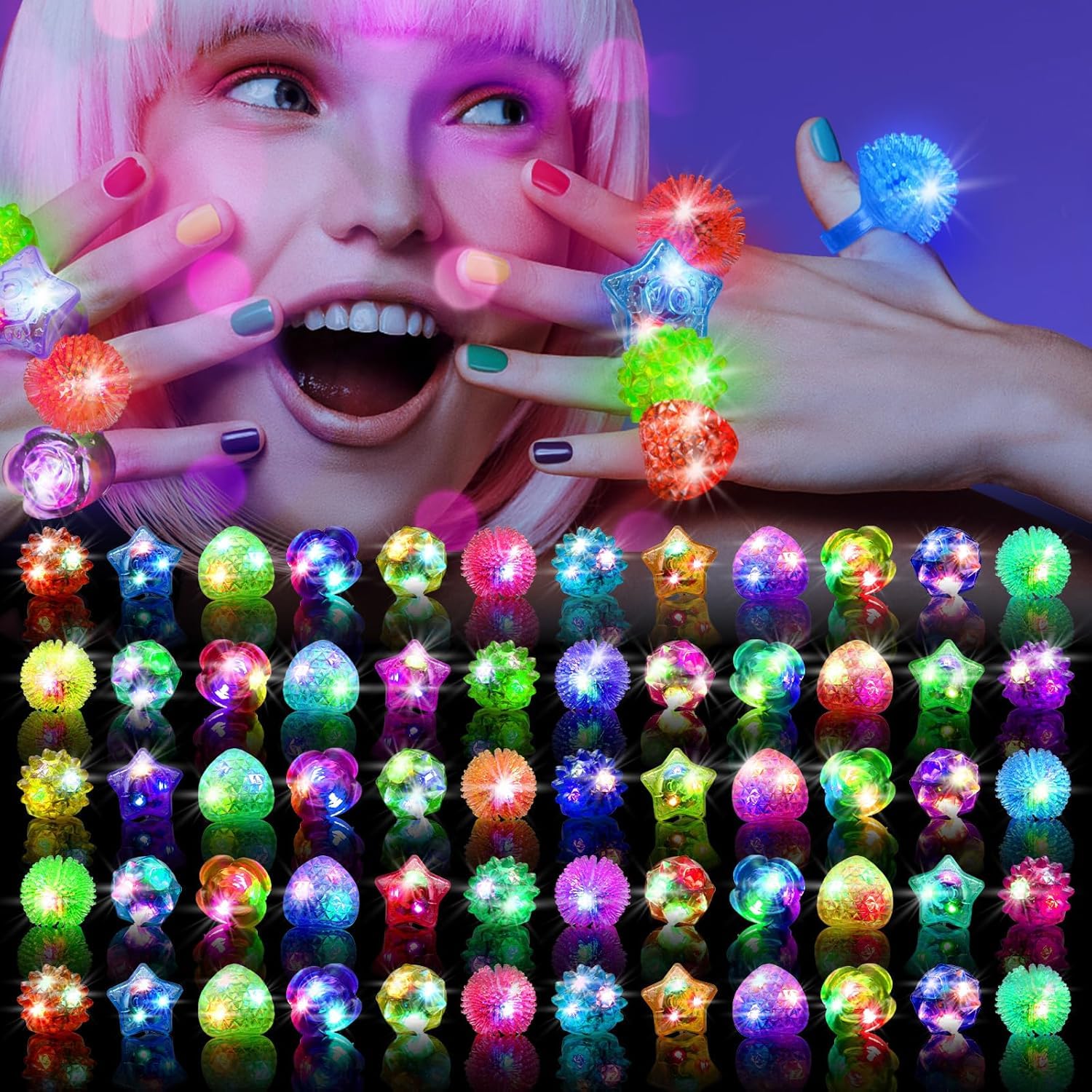 OLUPP light-up rings in six styles for lively party fun.