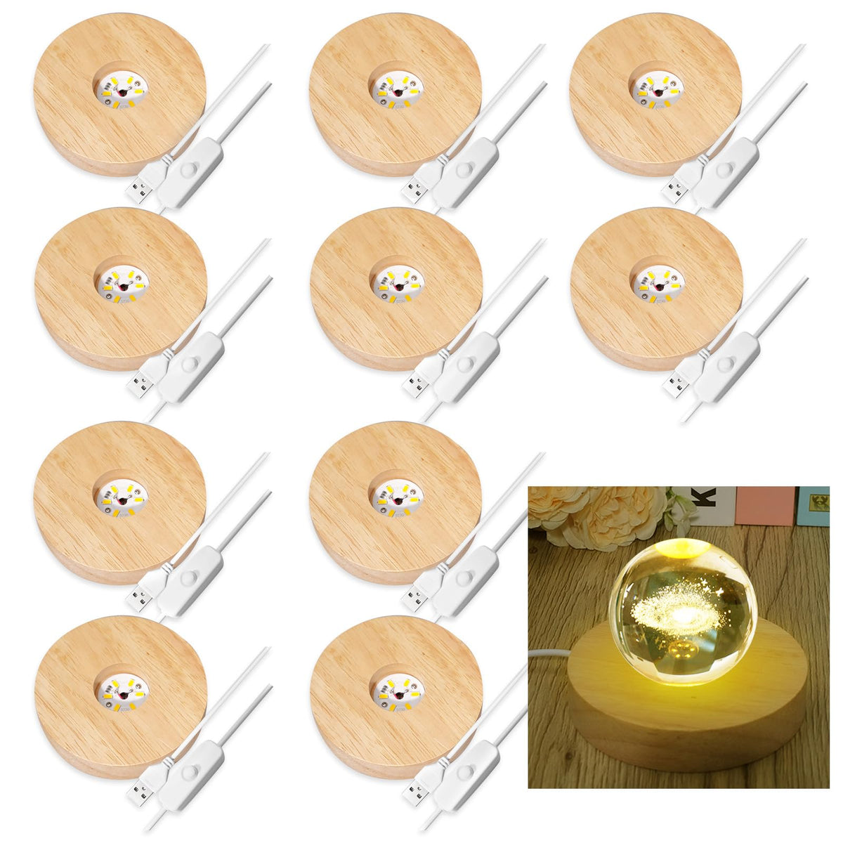 Olutacot wooden LED display base round crystal, enhances glass art presentation with warm illumination