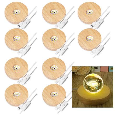 Olutacot wooden LED display base round crystal, enhances glass art presentation with warm illumination