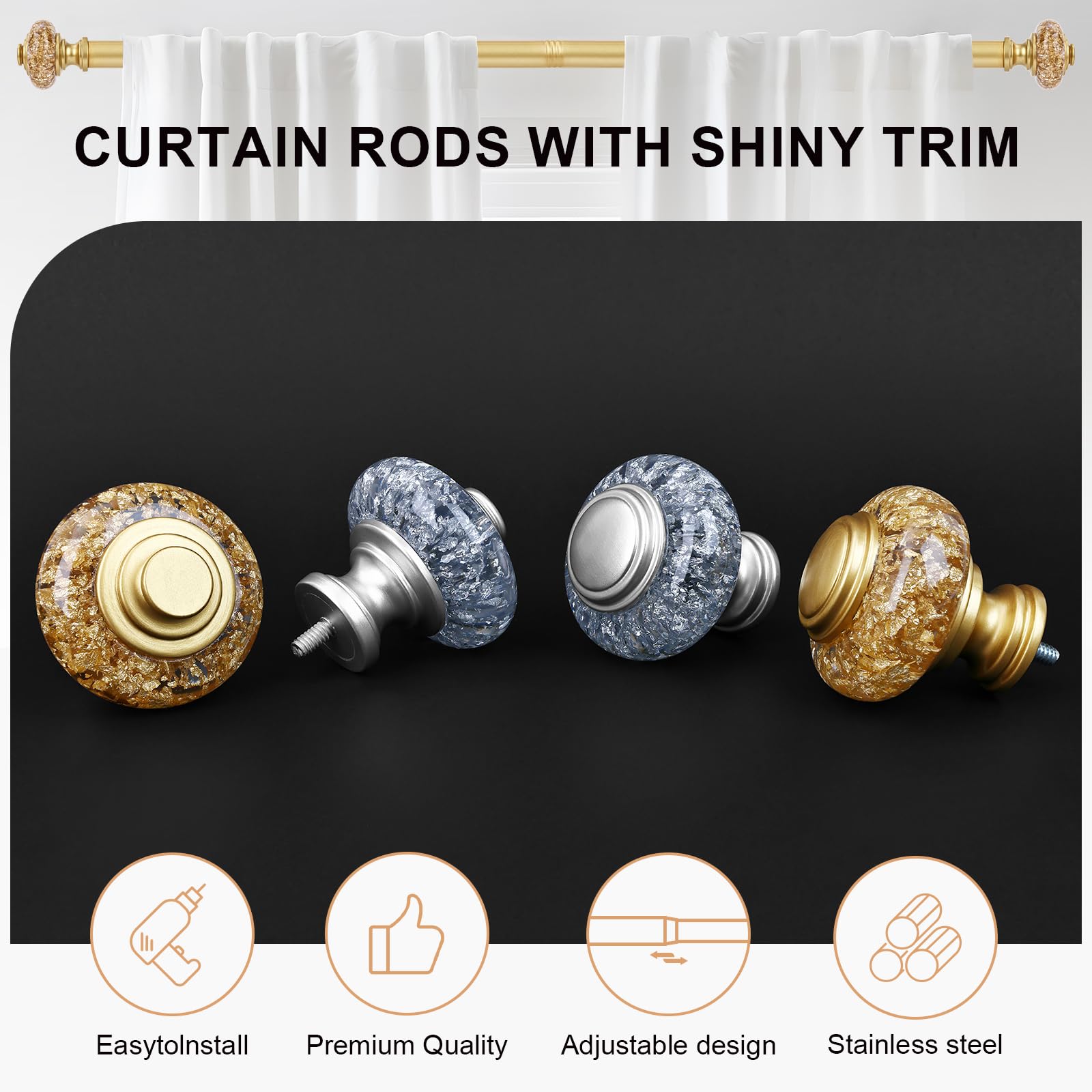 OLV crystal gold foil finials on curtain rod add elegant touch