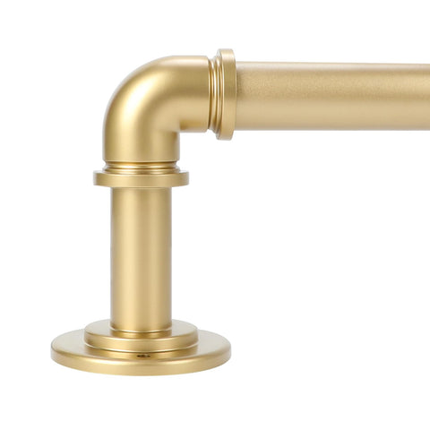 OLV Gold industrial curtain rod assembly with black finials for a sturdy indoor window look