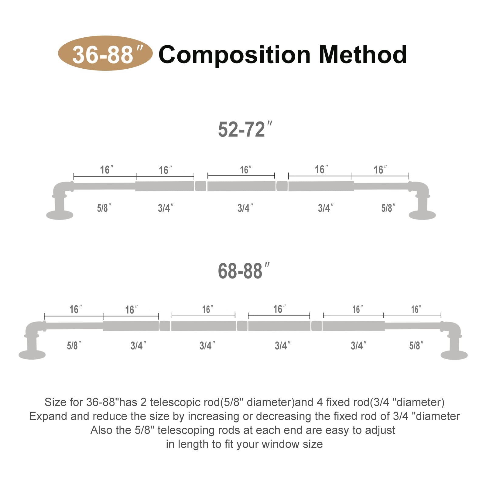 OLV Gold industrial curtain rod extends 18–45 inches for compact windows